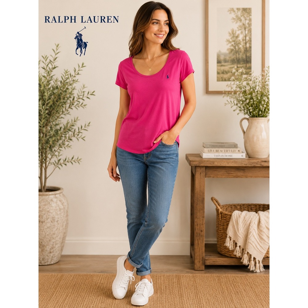 Ralph Lauren Womens Pink Scoop Neck Short Sleeve Pony Logo T-Shirt Size XL